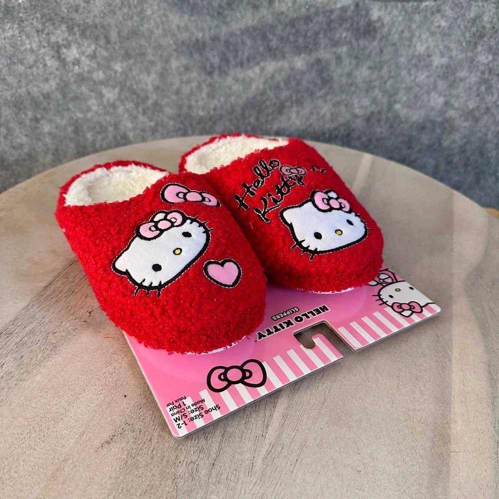 Hello Kitty Kids Red Sherpa Faux Fur Slippers Size 1-2 S/M Sanrio New